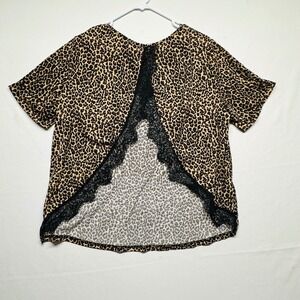 Shein Curve 0XL Babydoll Top Soft Leopard Animal Print and Black Lace Pullover